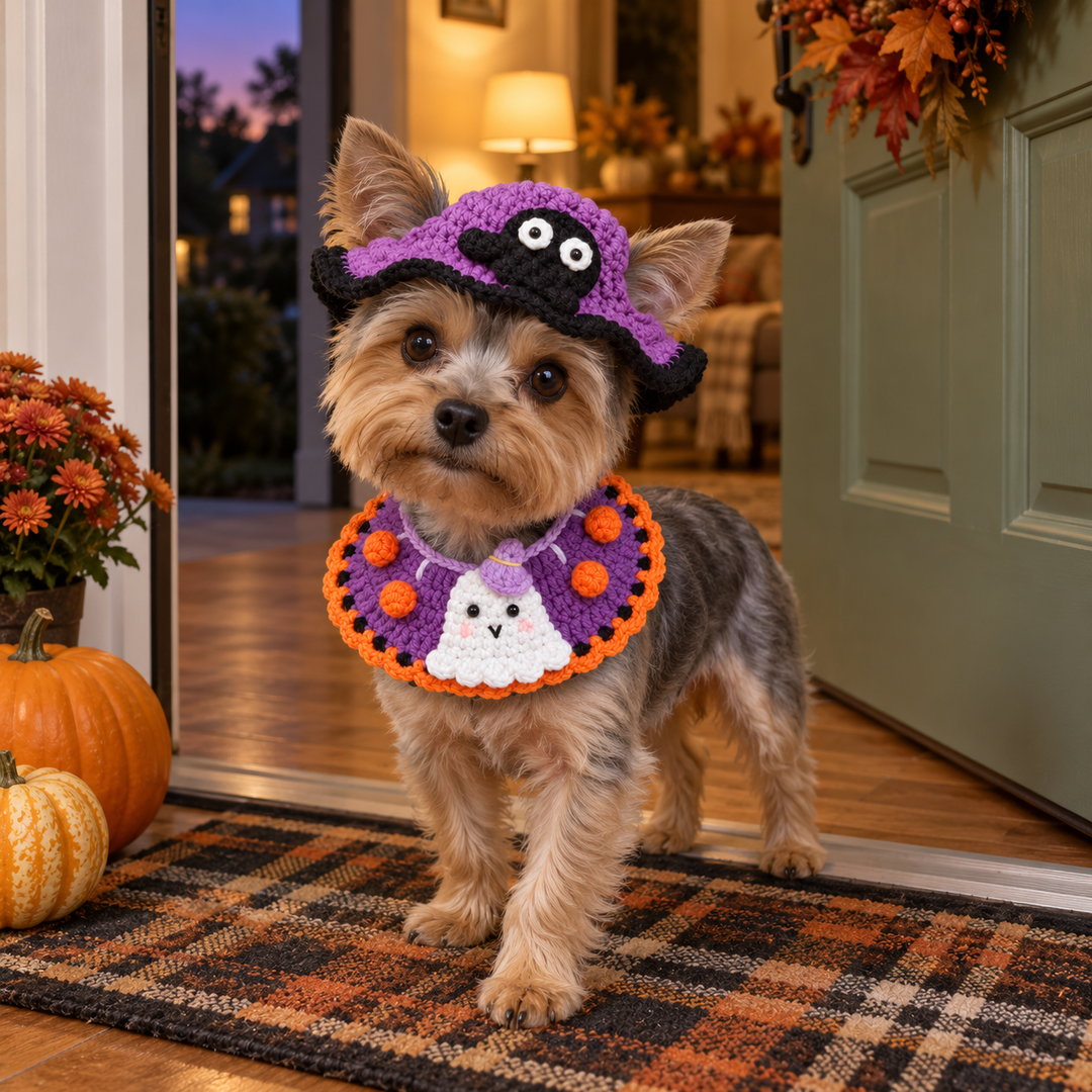 Yorkshire terrier wearing the purple ghost hat and collar at a pumpkin-decorated doorway.