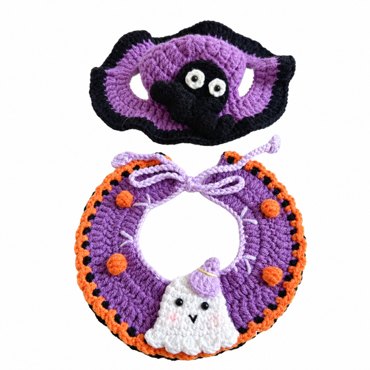 Purple crochet hat with a black ghost and an orange-edged purple collar with a white ghost.