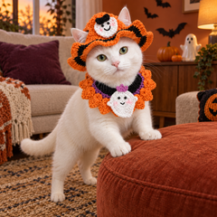 White cat wearing the orange ghost hat and collar with its front paws on a footstool.