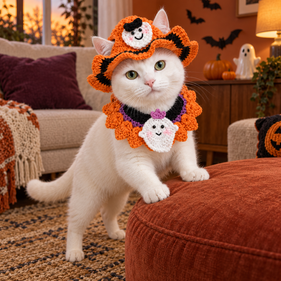 🎃Halloween🎃 Boo — Crochet Pet Hat & Collar Set