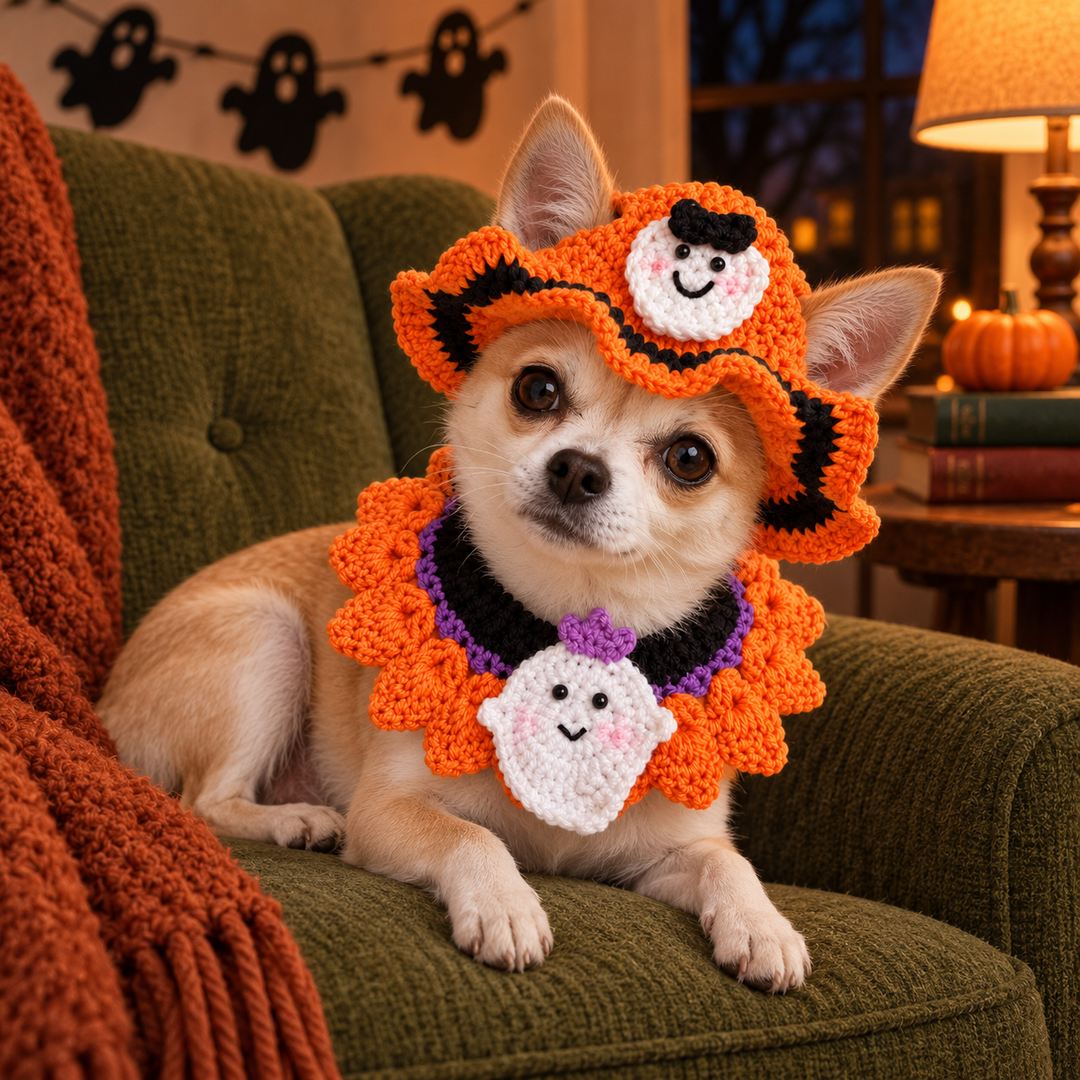Tan-and-white Chihuahua wearing the orange ghost hat and collar on a green armchair.