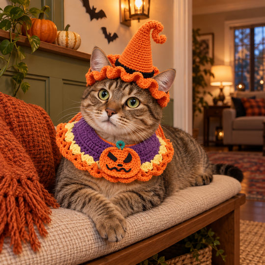 Tabby cat wearing the orange witch hat and pumpkin collar on a cushioned hallway bench.