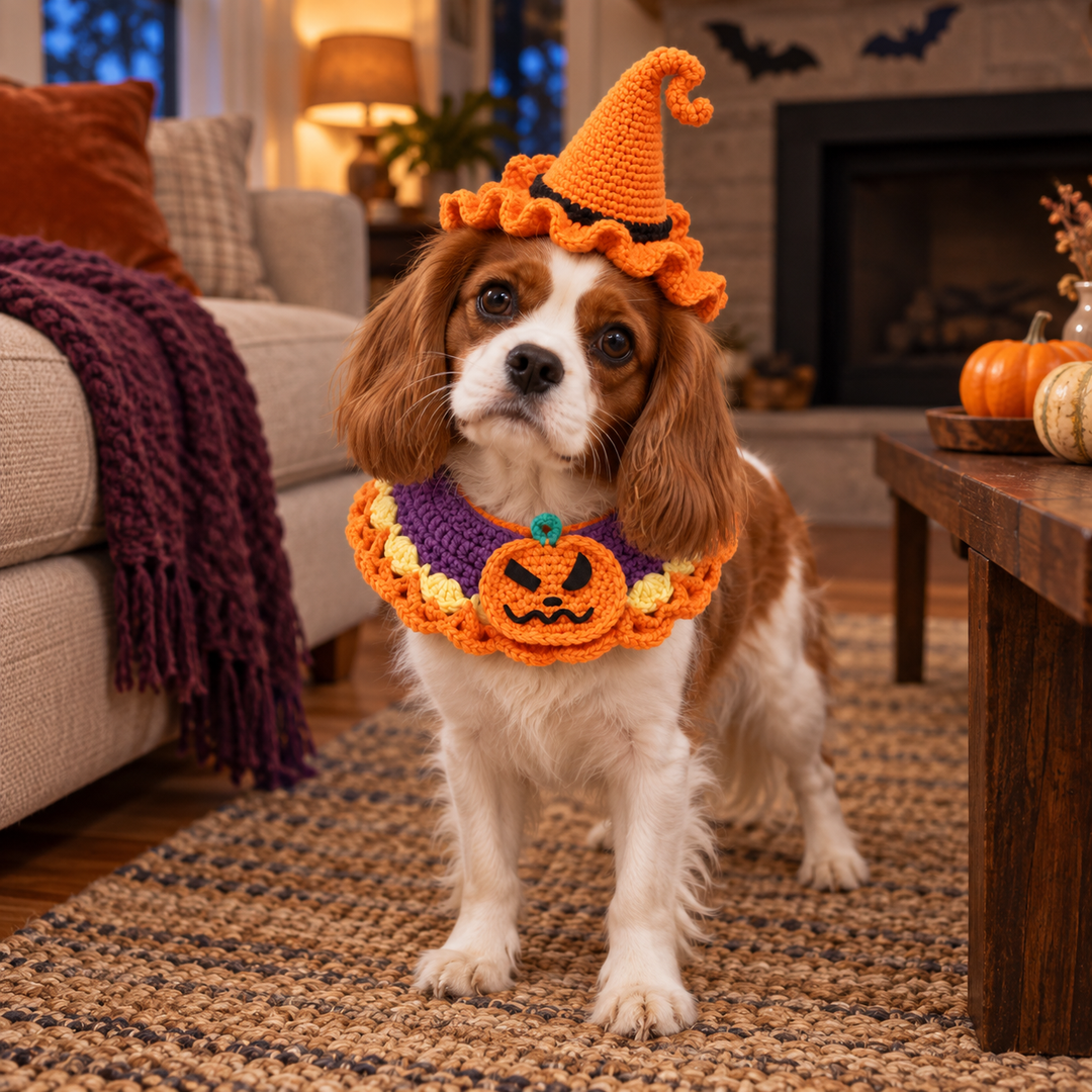 Chestnut-and-white spaniel wearing the orange witch hat and pumpkin collar in a Halloween living room.