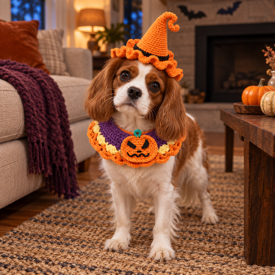 Chestnut-and-white spaniel wearing the orange witch hat and pumpkin collar in a Halloween living room.