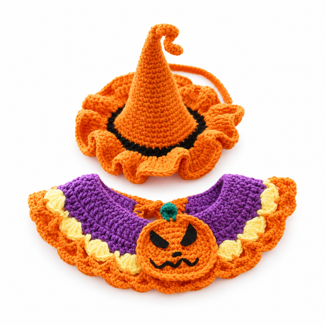 Orange crochet witch hat and purple collar with pale yellow trim and an orange pumpkin face.