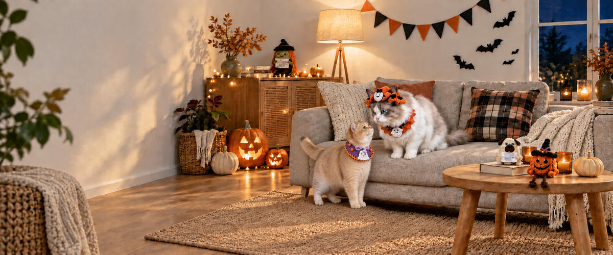 A Ragdoll and a smaller golden British Shorthair in crochet accessories in a softly lit Halloween home