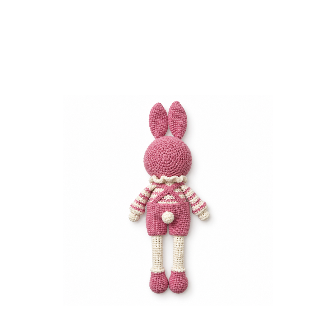 Pink crochet bunny, full back view on a white background