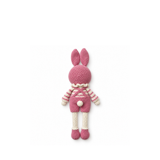 Pink crochet bunny, full back view on a white background