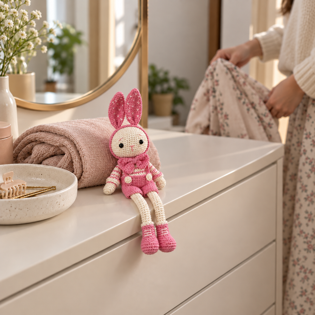 Small pink crochet bunny resting on a dresser