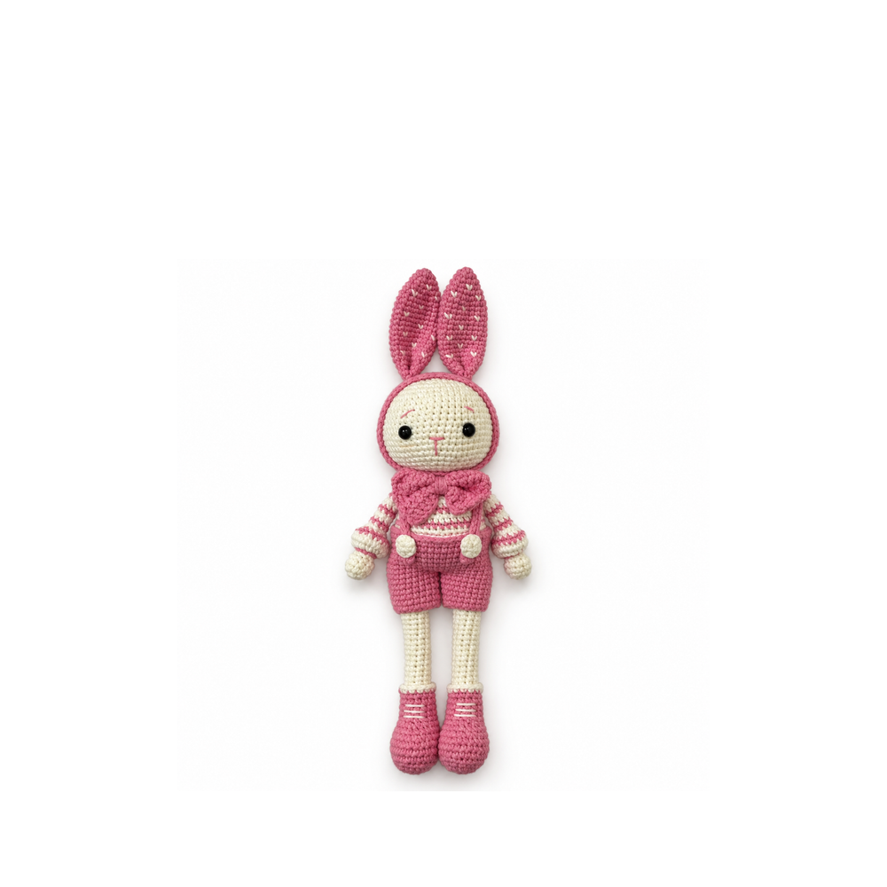 Pink crochet bunny, full front view on a white background