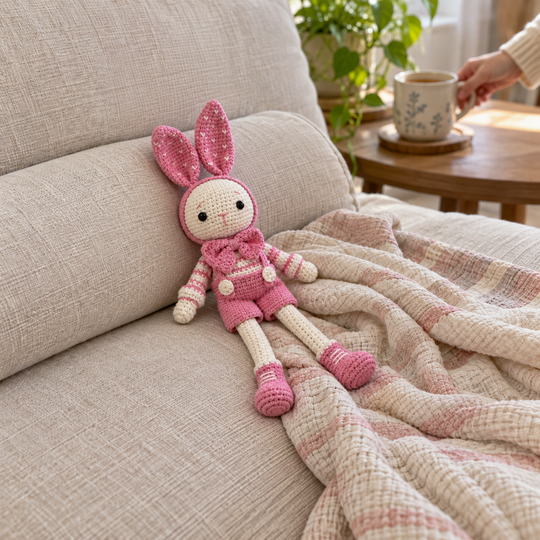 Small pink crochet bunny reclining on a sofa beside a cup of tea