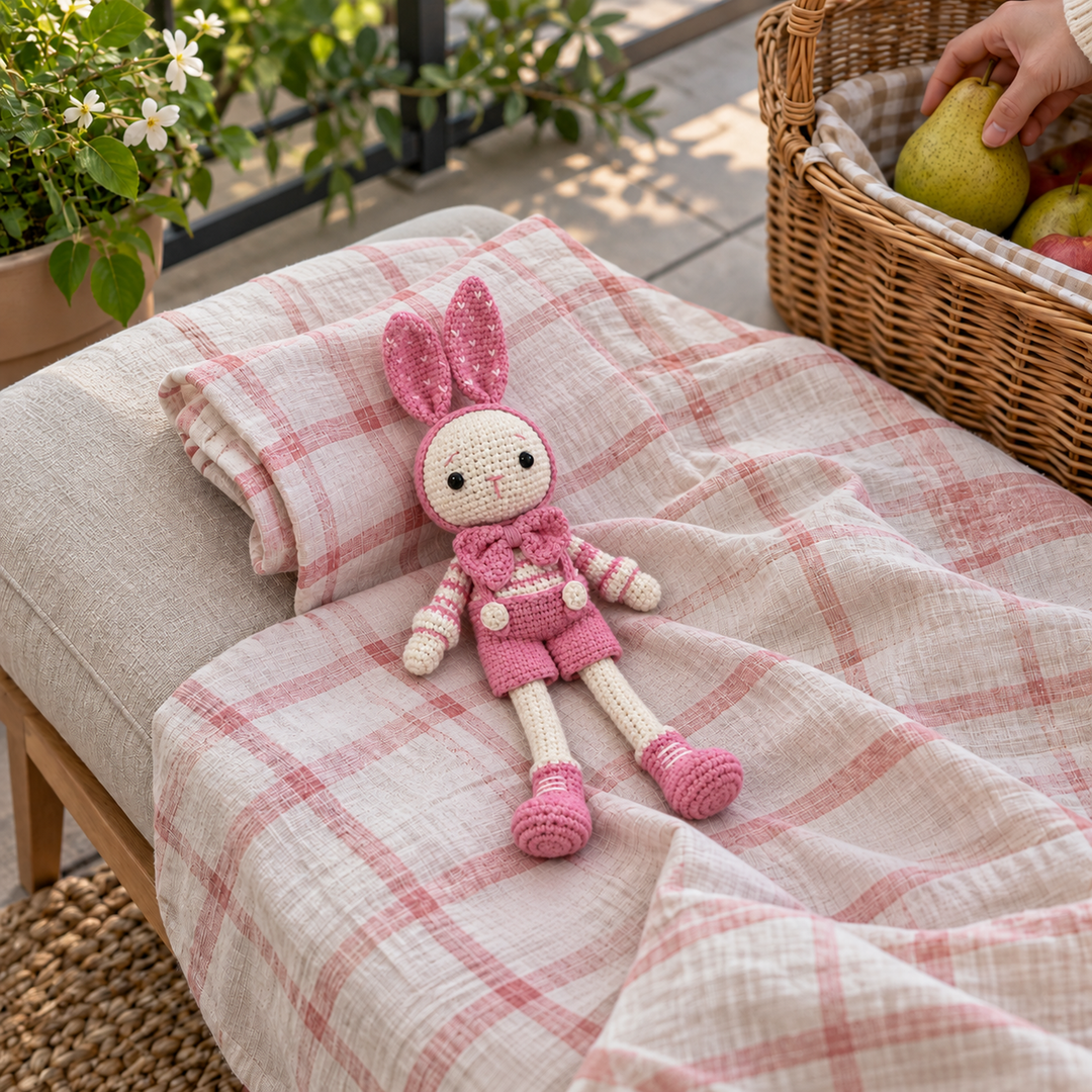 Small pink crochet bunny resting on a terrace blanket beside a picnic basket