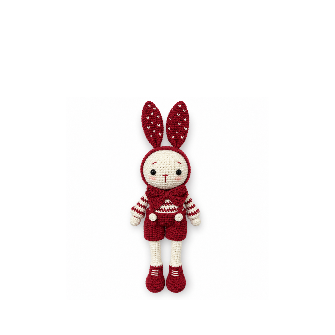 Red crochet bunny, full front view on a white background