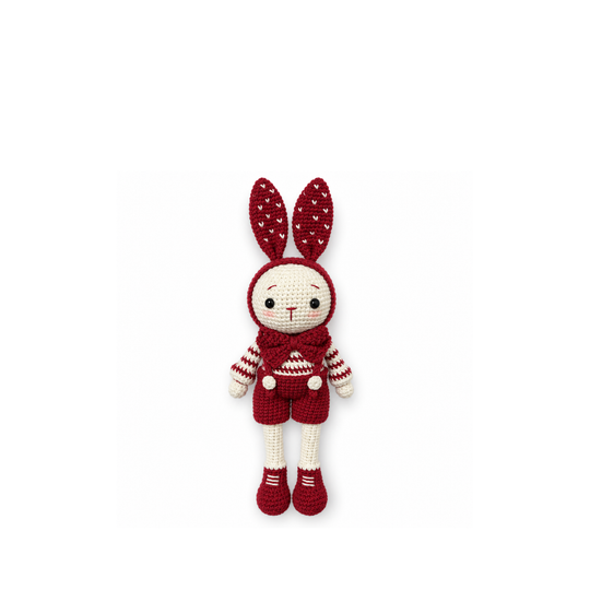 Red crochet bunny, full front view on a white background