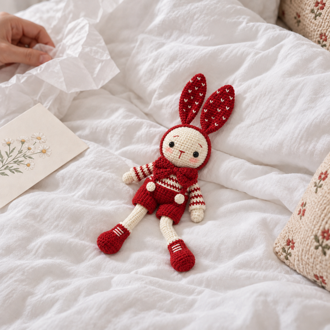 Small red crochet bunny resting on white bedding beside gift wrap