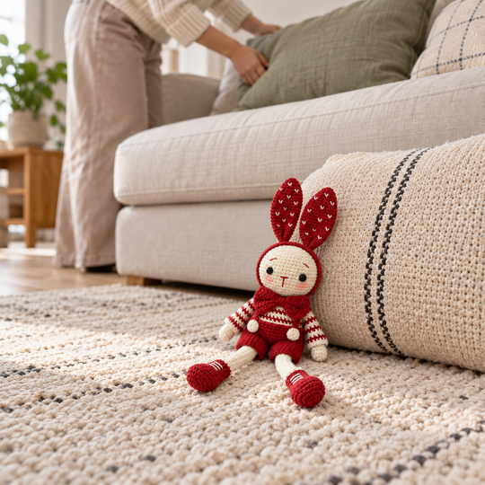 Small red crochet bunny resting against a cushion on a rug