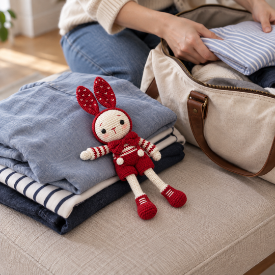Small red crochet bunny resting by an everyday outfit