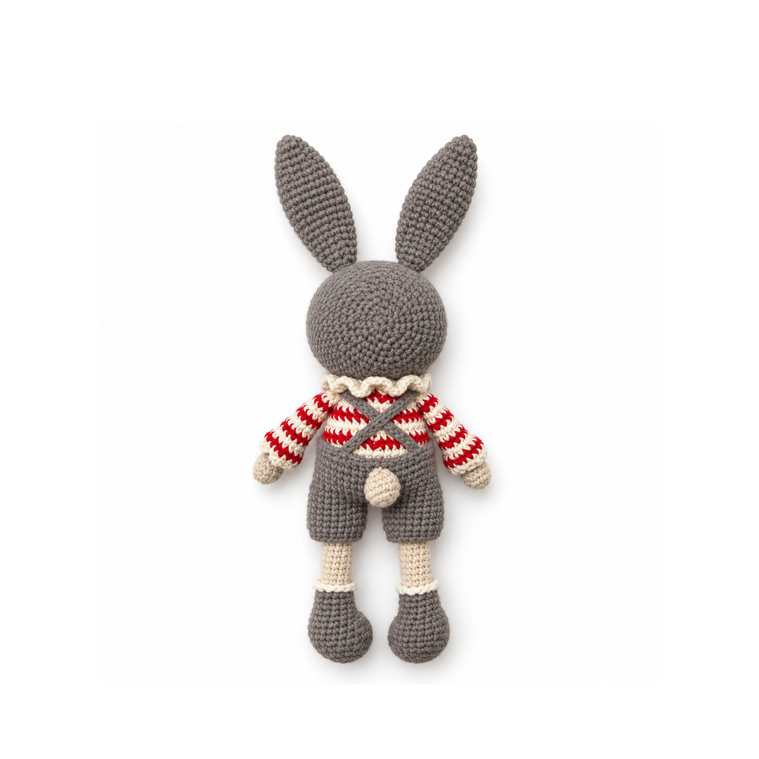 Gray crochet bunny, full back view on a white background