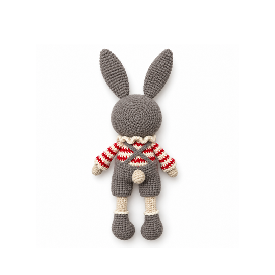 Gray crochet bunny, full back view on a white background