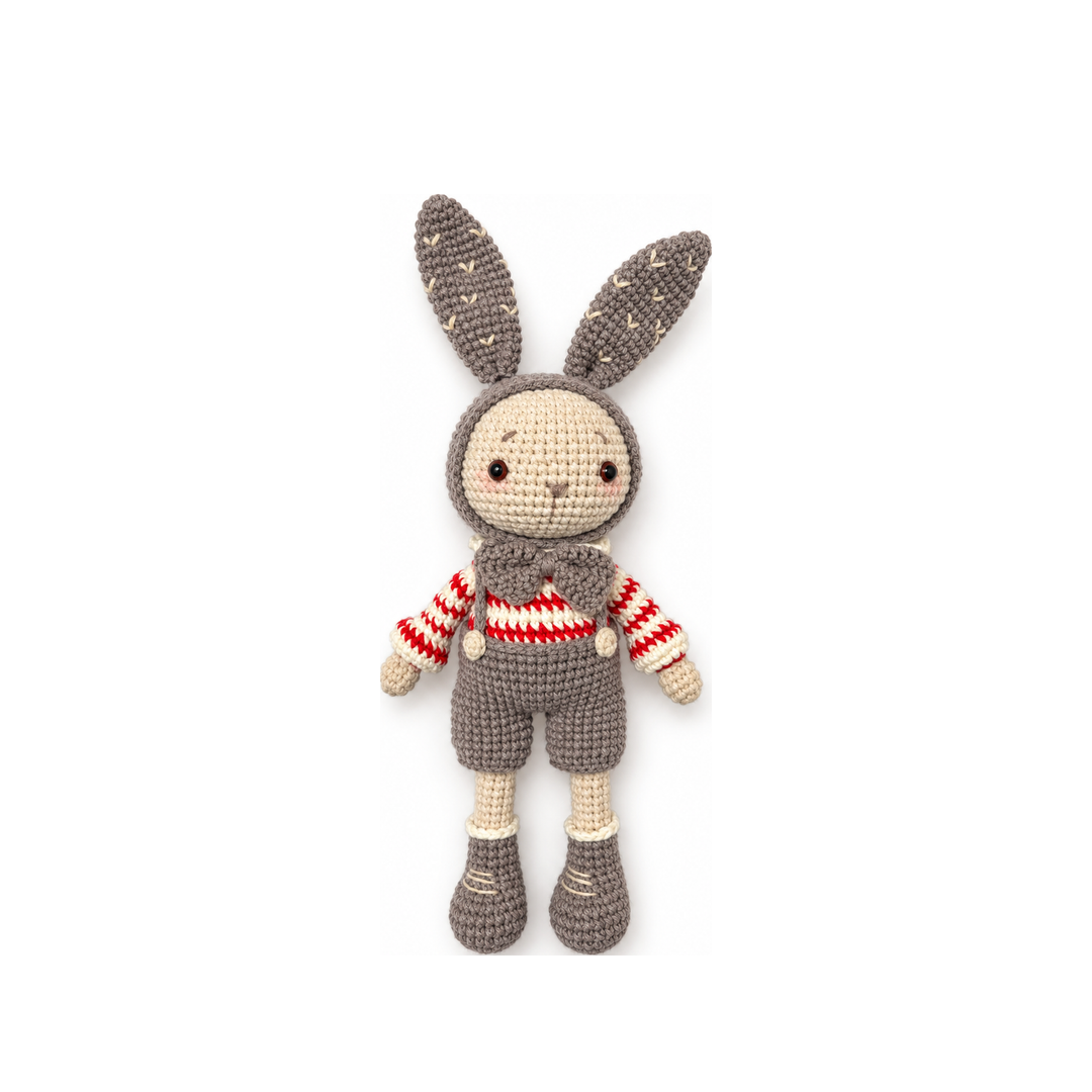 Gray crochet bunny, full front view on a white background