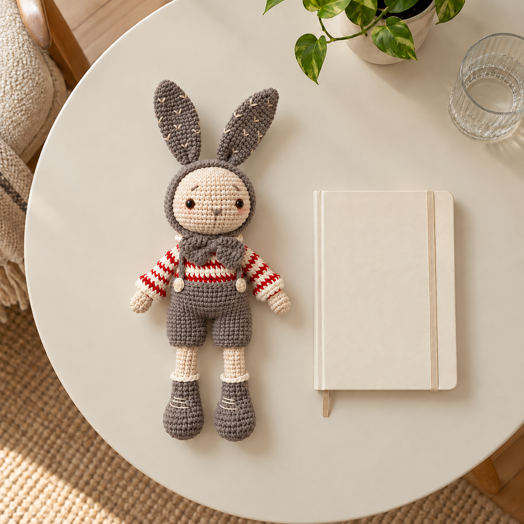 Gray crochet bunny beside a reading table