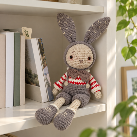 Gray crochet bunny in a bookshelf reading corner