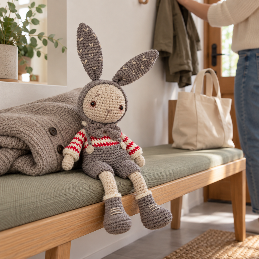 Gray crochet bunny resting on an entryway bench