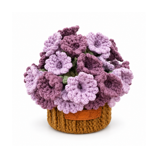 Purple flower coaster set folded into its brown pot on a white background
