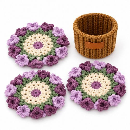 Three purple flower crochet coasters and one brown pot on a white background