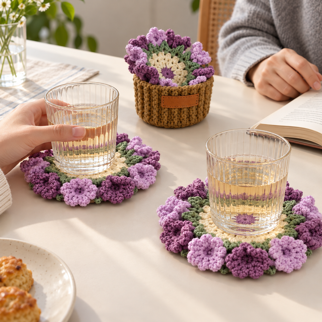 Purple flower crochet coasters set for tea
