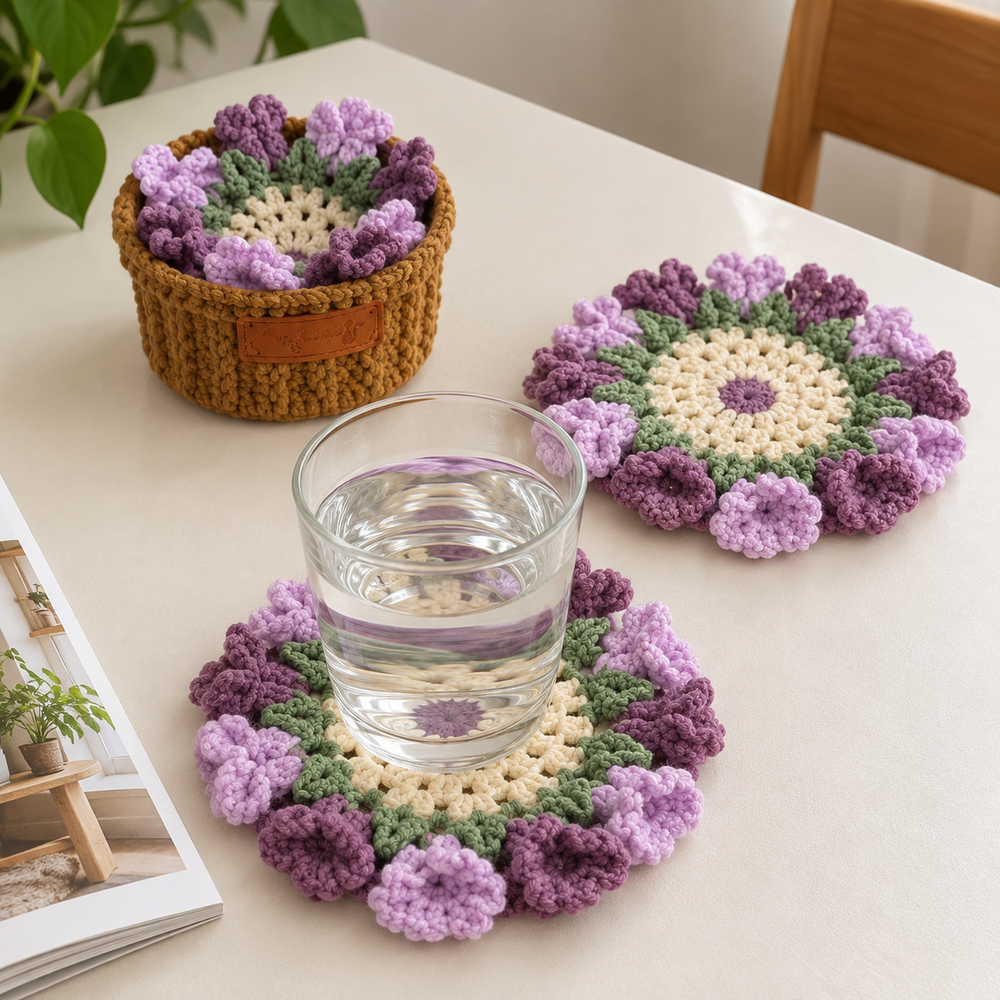Purple flower crochet coaster in use beneath a cup