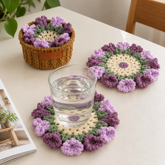 Purple flower crochet coaster in use beneath a cup