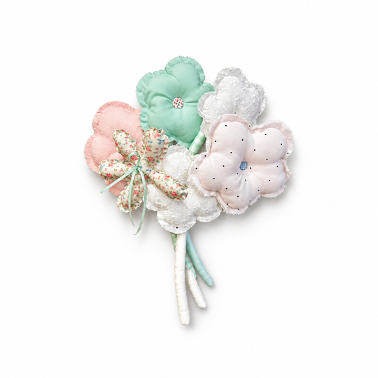 Mint, blush and white handmade fabric bouquet, front view