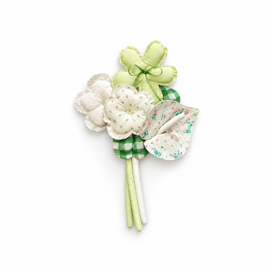 Meadow Ribbon — lime, green gingham and white handmade fabric bouquet, white background