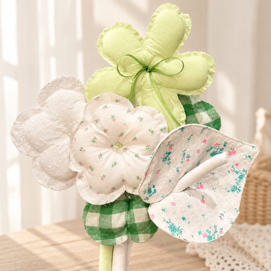 Meadow Ribbon — lime, green gingham and white handmade fabric bouquet, handwork detail