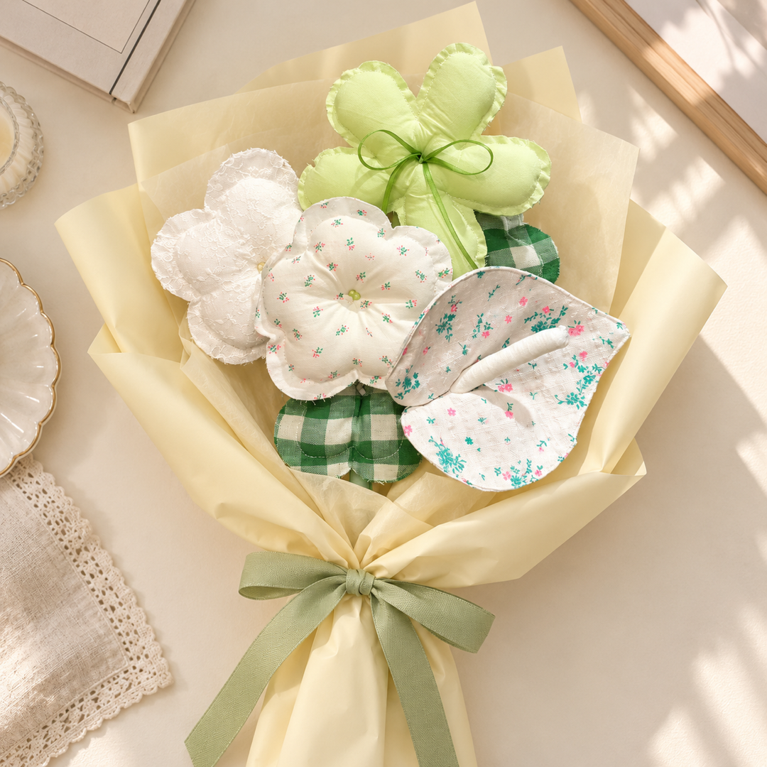 Meadow Ribbon — lime, green gingham and white handmade fabric bouquet, paper-wrapped styling