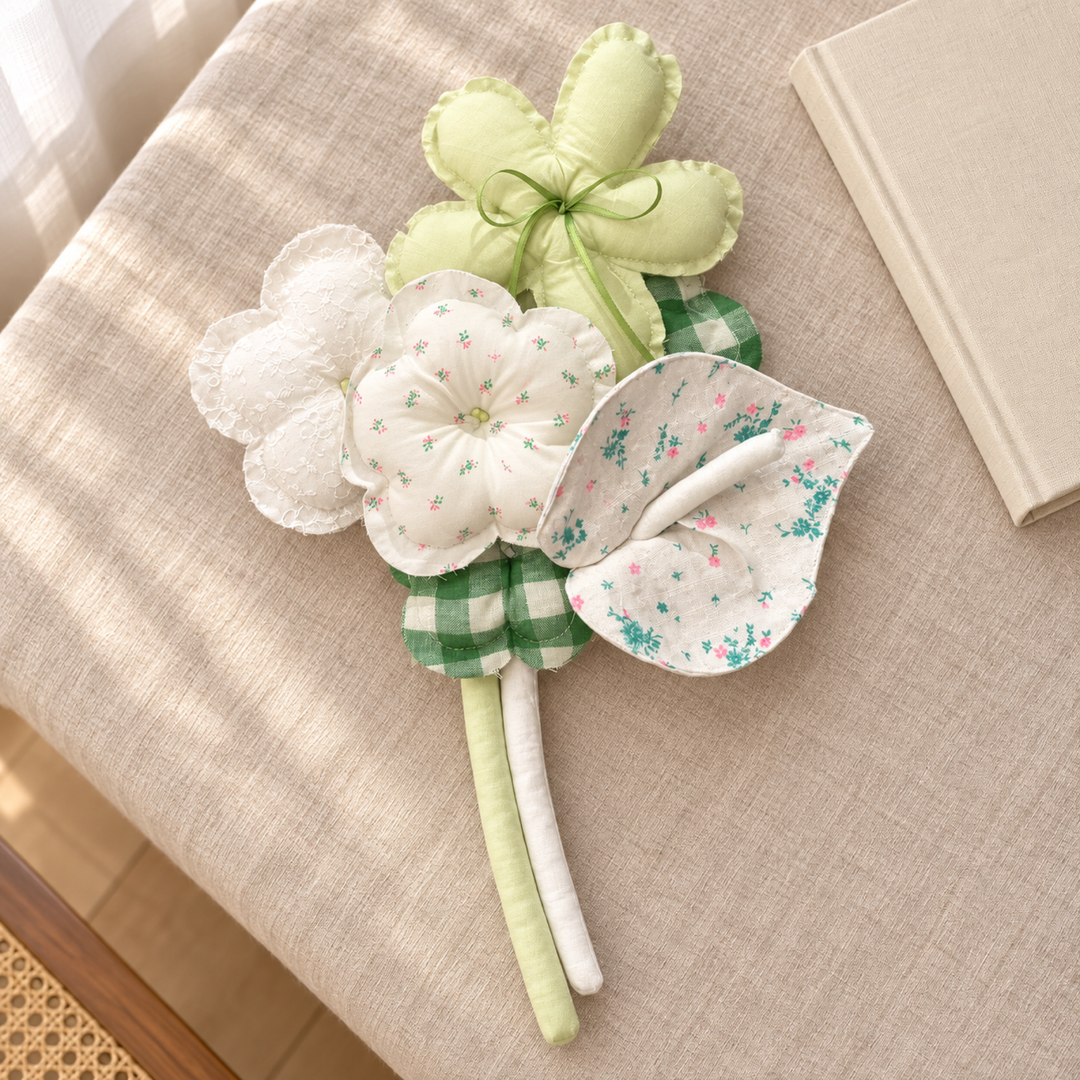 Meadow Ribbon — lime, green gingham and white handmade fabric bouquet, home display