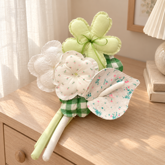 Meadow Ribbon — lime, green gingham and white handmade fabric bouquet, alternate home display