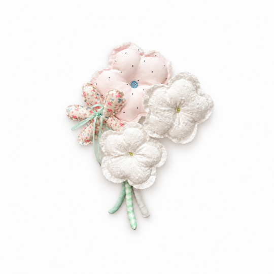Lace Whisper — white lace, pale dots and rose print handmade fabric bouquet, white background