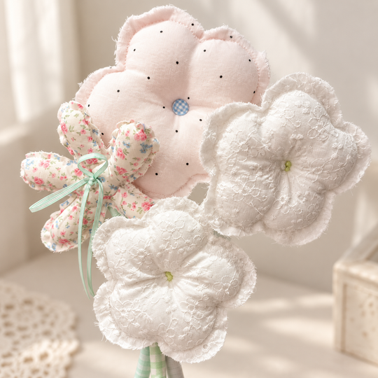 Lace Whisper — white lace, pale dots and rose print handmade fabric bouquet, handwork detail