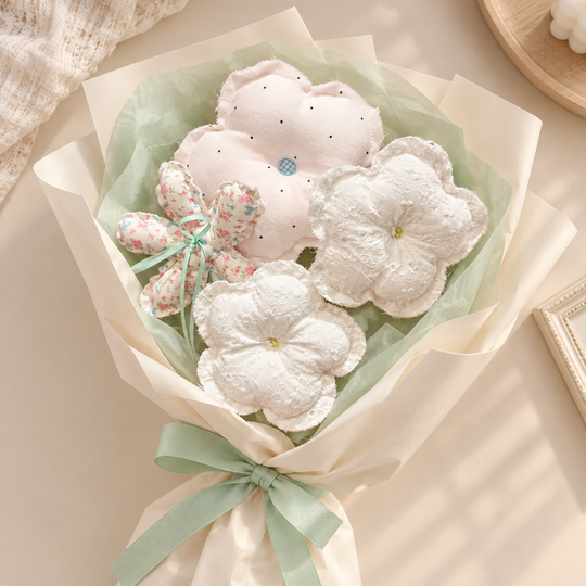 Lace Whisper — white lace, pale dots and rose print handmade fabric bouquet, paper-wrapped styling