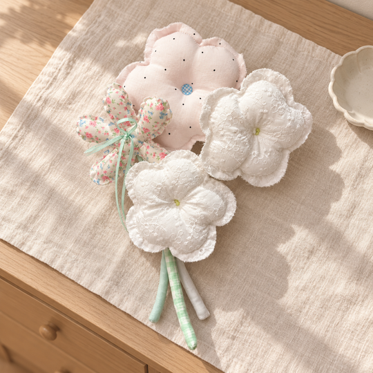 Lace Whisper — white lace, pale dots and rose print handmade fabric bouquet, home display