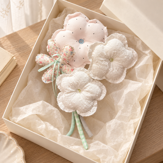 Lace Whisper — white lace, pale dots and rose print handmade fabric bouquet, alternate home display