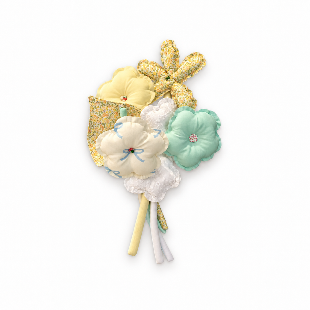 Buttercup Daydream — yellow, mint and blue bow print handmade fabric bouquet, white background