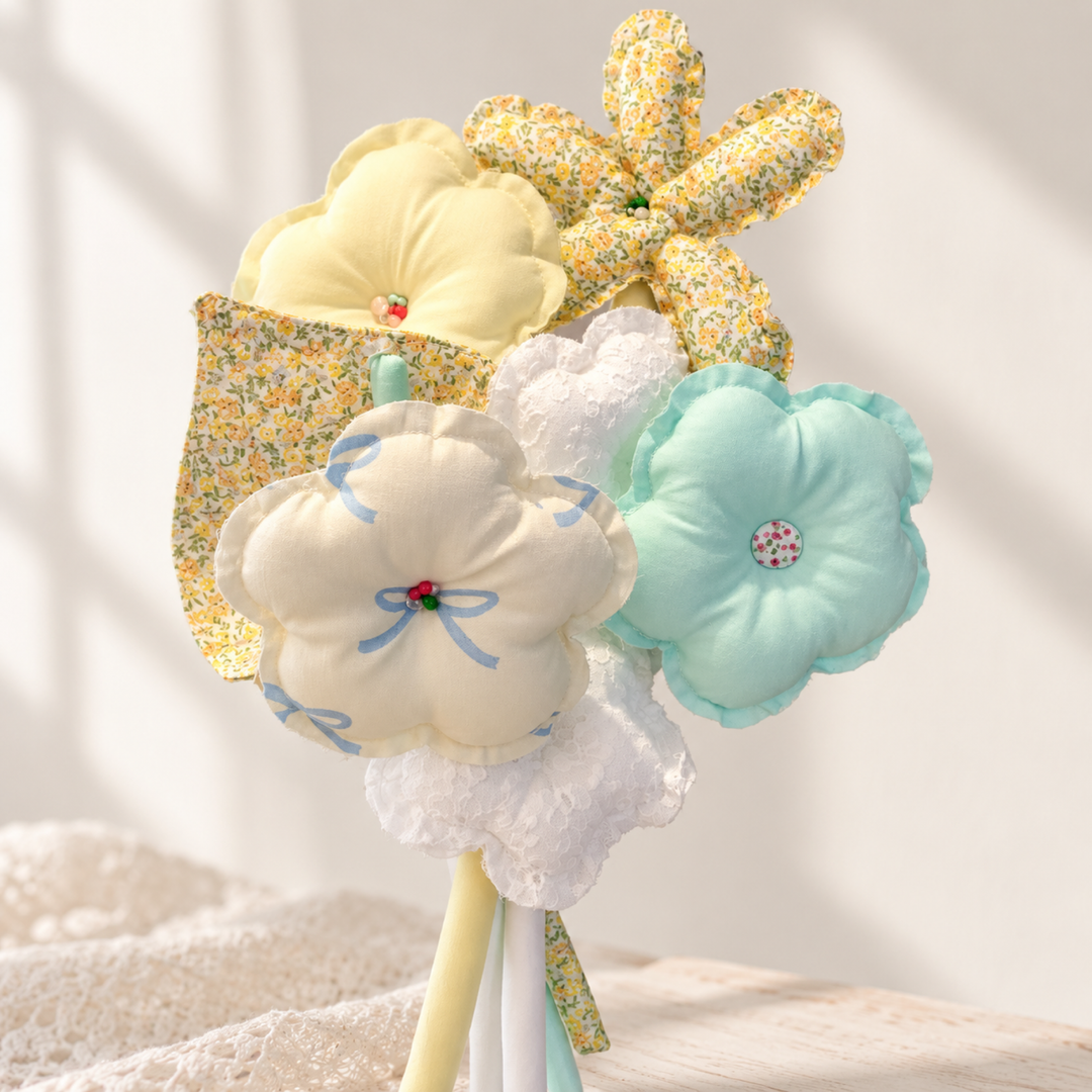 Buttercup Daydream — yellow, mint and blue bow print handmade fabric bouquet, handwork detail