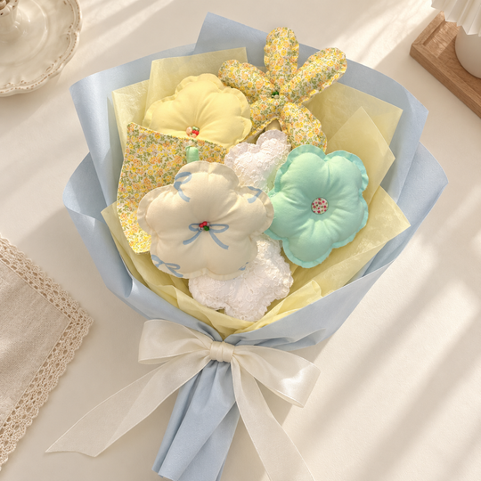 Buttercup Daydream — yellow, mint and blue bow print handmade fabric bouquet, paper-wrapped styling