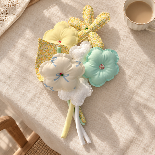 Buttercup Daydream — yellow, mint and blue bow print handmade fabric bouquet, home display