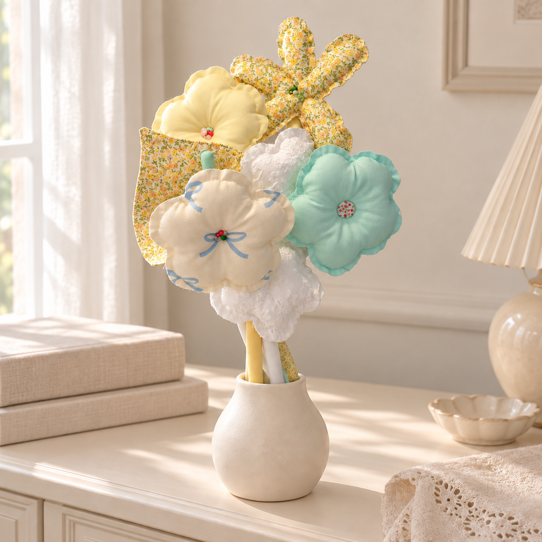 Buttercup Daydream — yellow, mint and blue bow print handmade fabric bouquet, alternate home display