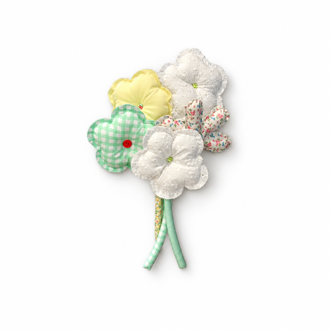 Garden Breakfast mint gingham, yellow and lace fabric bouquet — front view