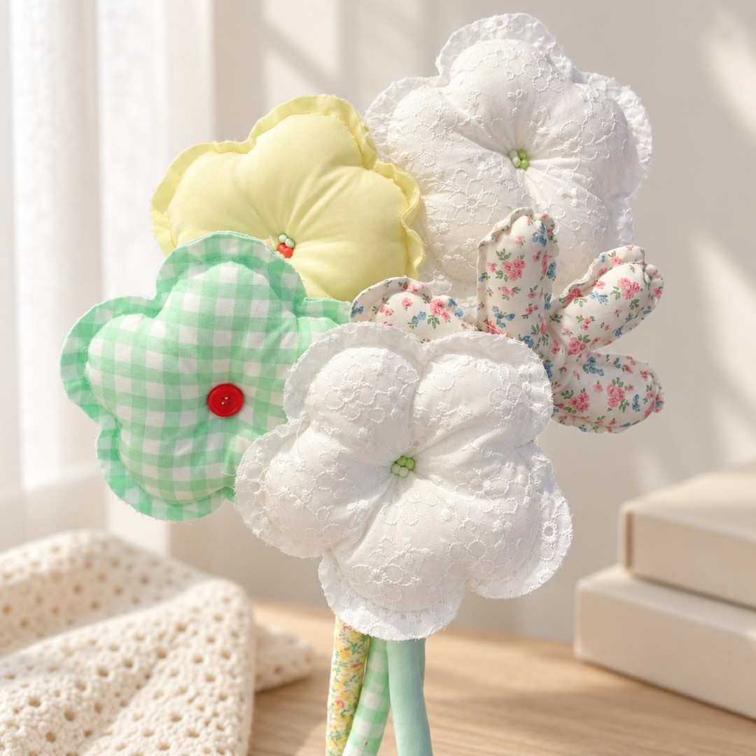 Garden Breakfast mint gingham, yellow and lace fabric bouquet — handwork detail